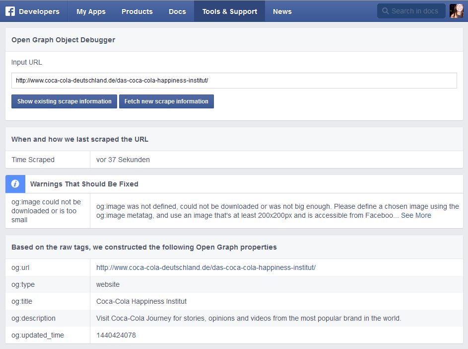 Einblick in den Facebook-Debugger mit Tag-Informationen