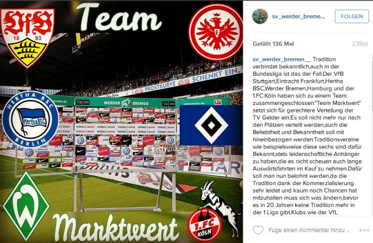 Fußball-Bundesliga: Auch der SV Werder Bremen hat sich "Team Marktwert" angeschlossen Instagram-Post vom SV Werder Bremen zu "Team Marktwert"